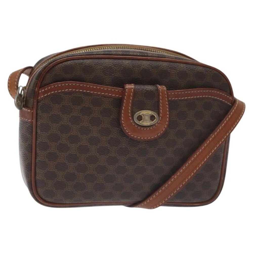 Authentic CELINE Macadam Canvas Shoulder Bag PVC Leather Brown Gold